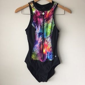 Rainbow colored zip up Rashguard surfing